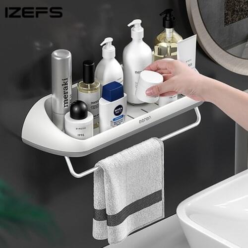 IZEFS Wall Mounted Restroom Storage Rack With Towel Holder Shampoo Cosmetic Shower Shelf Home Organizer Bathroom Acccessories