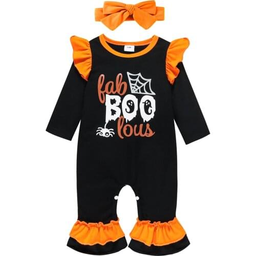 Citgeett Autumn Infant Baby Girls Clothes Set Halloween Letters Printed Pattern Long Sleeve Romper Headdress Suit