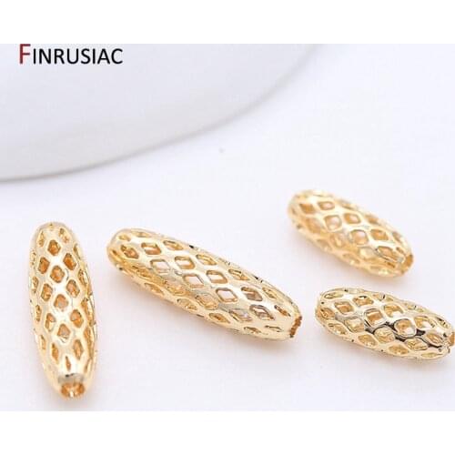 High Quality Brass Metal 14k Real Gold Plated Hollow Long Tube Beads Accessories Oval Beads DIY Jewelry Making