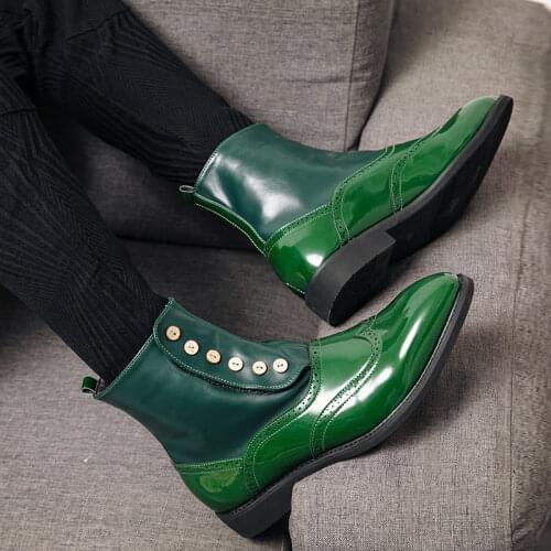 Misalwa Green Men Boots High Tube Top Chelsea Mens Boots Italian Button PU Leather Performance Men Art Design Brogue Shoes