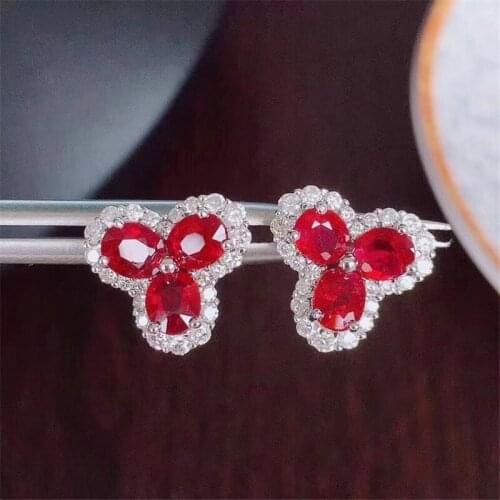 Natural real ruby or tourmaline flower stud earring Per jewelry 0.35ct*6pcs gemstone 925 sterling silver Fine jewelry J21424