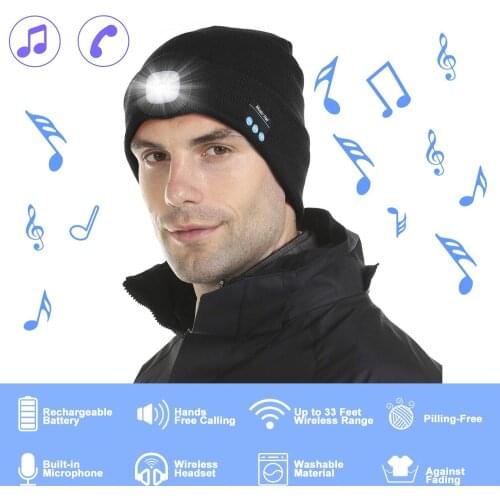 Unisex Bluetooth Headphones Beanie Hat with LED Light,Music Knitted Cap Built-in Speakers & Mic Earbuds for Running Hiking Sport