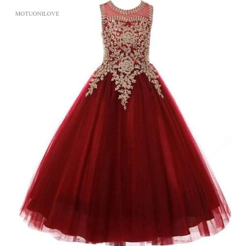 Wine Red With Gold Appliqued Beaded Little Girls Pageant Dresses 2020 Holy Communion Dress Childrens Birthday Party Prom Gowns