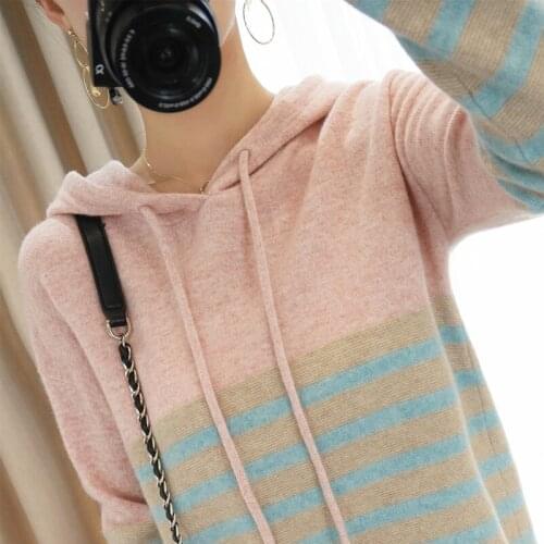 High-quality womens casual loose 100% wool hooded sweater long-sleeved striped knit pullover cashmere sweater home style New