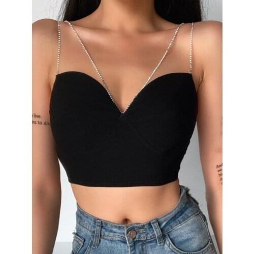 SRUBY Sexy Sleeveless Women Crop Top Flash Diamond Diamond Chain Tube Top Strap Off Sholder Casual Summer Ladies Cropped Top