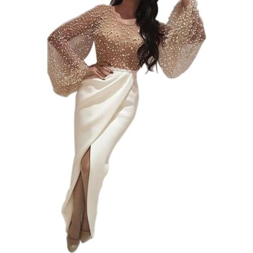 Women Pearl Beads Long Sleeve Maxi Dress Elegant Lady Bodycon Dress Lantern Sleeve Patchwork Slit Hem Dress Formal Party Dress