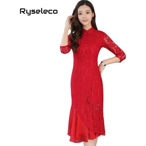 2018 Chinese Style Crochet Floral Lace Patchwork Women Cheongsam Party Dress Spring Autumn 3/4 Sleeve Irregular Patches Vestidos