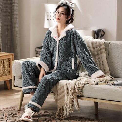 Winter Pajamas Set Women Sleepwear Soft Girls Warm Flannel Long Sleeve Pyjamas Long Pants Pajamas Cute Homewear Velvet Home Suit