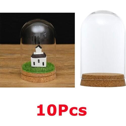 10x Clear Glass Dome Cover Cloche Bell Jar Succulent Terrariums w/Wooden Cork Base Home Study Room Decoration 8x12cm