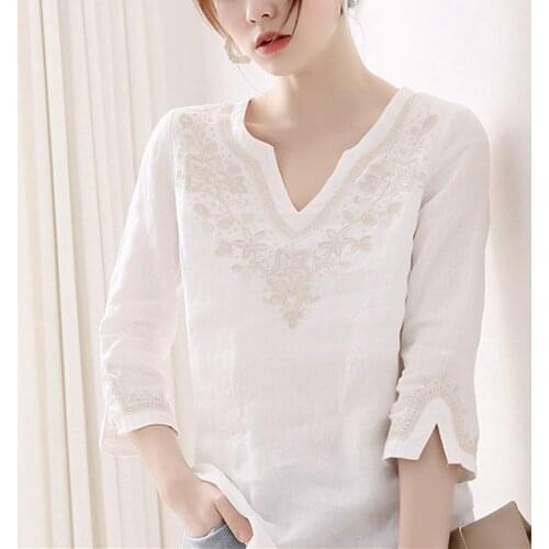 2021 Elegant Summer New Print Embroidered White Shirt Cotton Blouse 3/4 Sleeve Women Shirt Female Blusa Femininas Tops X14