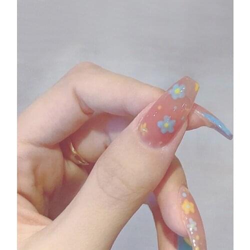 24pcs Bow Flower Printed Nail Patch Glue Type Removable Long Paragraph Fashion Manicure Save Time False Nail Patch SANA889