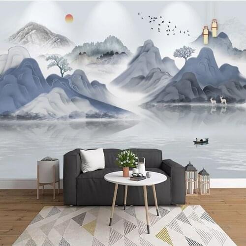 Chinese style 3D atmospheric landscape golden landscape background wall Zen wall paper ink mural Chinese landscape painting