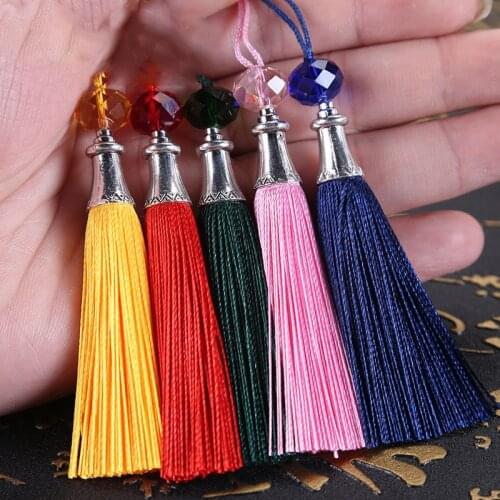 5pcs/Lot 8cm Polyester Silky Tassels Crystal Beads Decorative Trim Fringe Pendant For Keychain Hanging Jewelry Making Accessorie