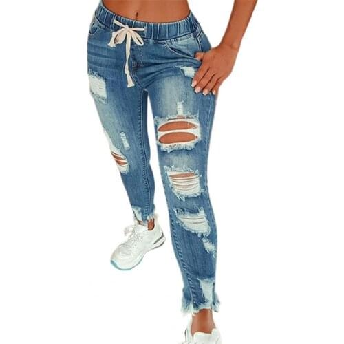 Women Pants Fashion Elastic Drawstring Holes Casual Long Jeans Trouser Dating Slim Streetwear Ladies Pants Autumn Spring