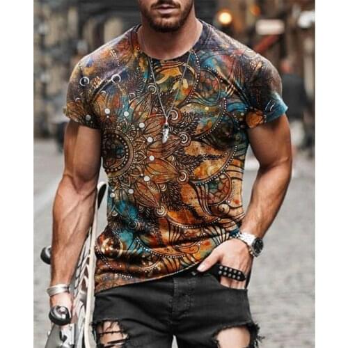 Mens short-sleeved T-shirt retro oversized clothing Harajuku ethnic printing O-neck summer new style 2021 polyester material