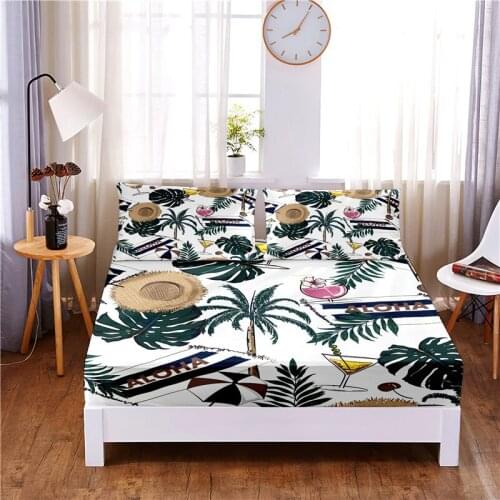 Coconut Tree Digital Printed 3pc Polyester Fitted Sheet Mattress Cover Four Corners with Elastic Band Bed Sheet Pillowcases