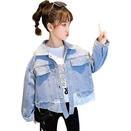 Girls Denim Coat Patchwork Girl Coat Spring Autumn Childrens Jackets Casual Style Kids Clothes Girl 6 8 10 12 14