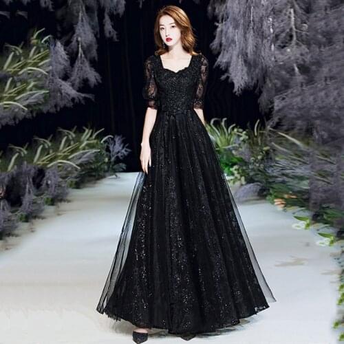 Square Collar Sequins Embroidery Floor-Length Evening Dress Black A-Line Elegant New Half Sleeves Woman Formal Party Gown A666