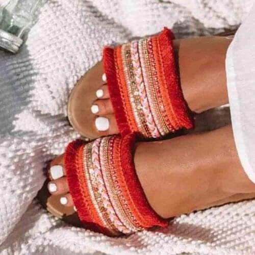 Summer Slippers Roman Style 2020 Womens Flat Fringe Embroidery Sequins Sandals Beach Slippers Plus Size 34-43