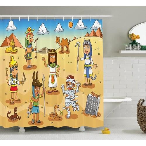 Cartoon Shower Curtain Illustration of Historical Egyptian Characters with Pyramids Cleopatra King Mummy Decor Bathroom Curtains