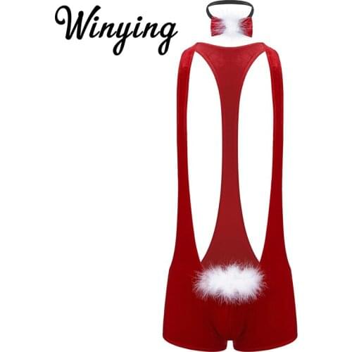 Men Christmas Underwear Lingerie Red Velvet Shoulder Straps Sexy Bodysuit with Bowtie Santa Cosplay Festival Rave Fancy Costume