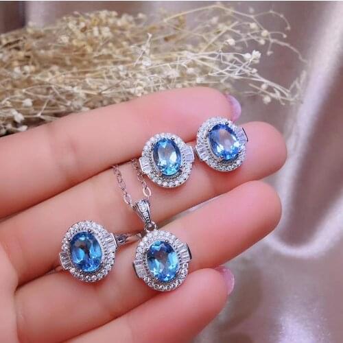 Natural blue topaz gem S925 silver ring Pendant earrings natural gemstone Jewelry Set round Sun flower women girl gift jewelry