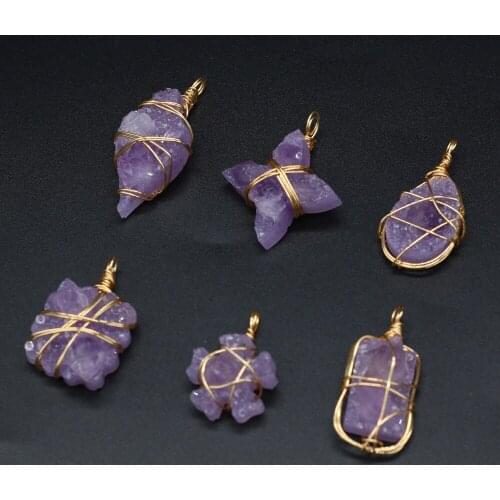 2021New Natural Semi-precious Stone Amethyst Irregular Pendant Gold Wire Various Shape MakingDIY Necklace Jewelry Accessory Gift