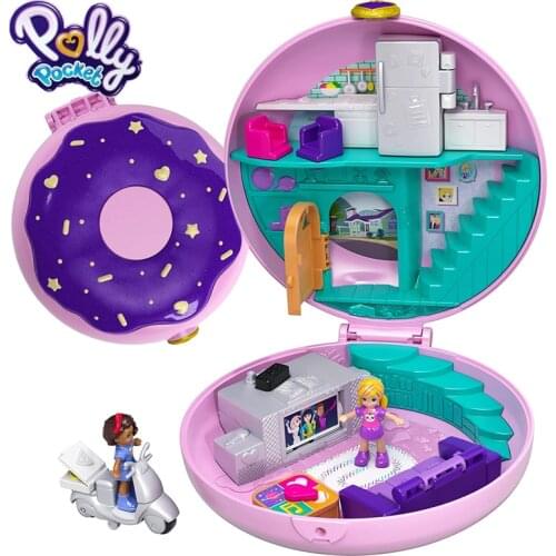 Polly Pocket World Donut Shape Pajama Party Toy Pollys Micro Surprise Reveals Living Room World wiith Accessory For Girl GDK82