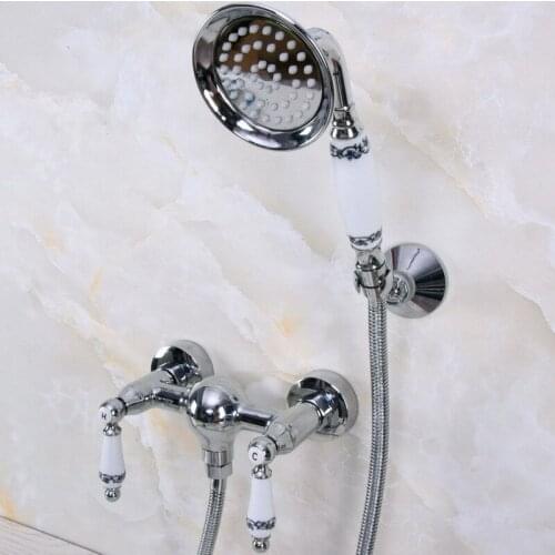 Polished Chrome Brass Bathroom Hand Held Shower Head Faucet Set Mixer Tap Dual Ceramic Handles mna285