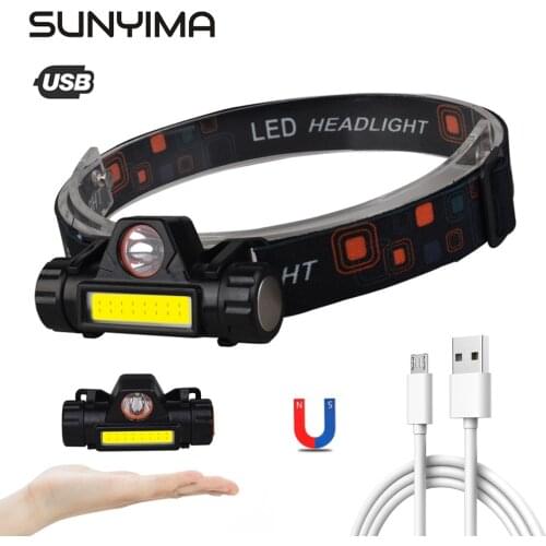 SUNYIMA Built-In18650 Battery LED Flashlight Fishing Headlamp USB COB Work Light WaterProof Magnet Powerful Head for Hunting