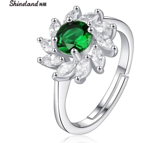 Shineland Luxury Elegant Fashion Flower Green Yellow CZ Finger Rings For Women Open Adjustable Wedding Party Charm Jewelry Gift