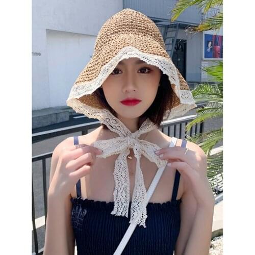 2021 New Straw Retro Lace Bow Sun Hat Wide Brim Floppy Summer Hats For Women Beach Panama Straw Dome Bucket Hat Femme Shade Hat