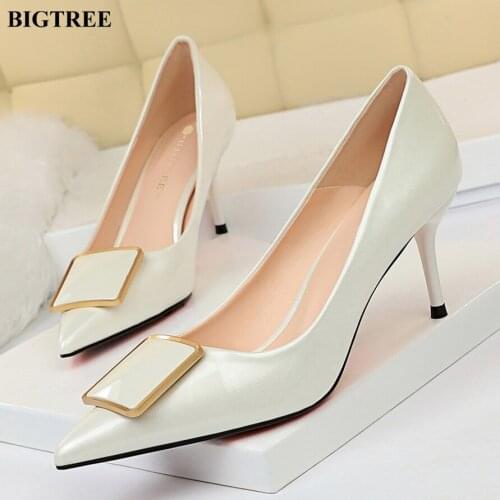BIGTREE Shoes Soft Leather Ladies Office Shoes Shallow Belt Buckle High Heels White Women Sexy Pointy Toe Party Pumps Size 34-43