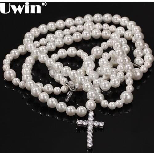 UWIN Exquisite 2 layers Beads White Shell Pearl Hiphop Chains Necklaces With Bling Cubic Zirconia Cross Pendant Fashion Jewelry