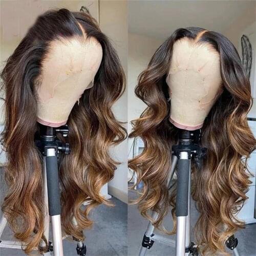 Wavy Peruvian Ombre Blonde Full Lace Human Hair Wigs with Baby Hair Remy 180Density Transparent Lace Front Silk Base