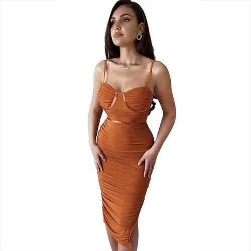 High Quality Women Celebrity Orange Mesh Bodycon Rayon Bandage Dress knee length Evening Party Dress Vestidos wholesale