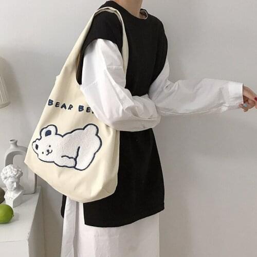 Women Cute Bear Shoulder Bag Simple Canvas Handbag Tote New Embroidery Design Books Bags Cloth Fabric Shopping Bag For Ladies
