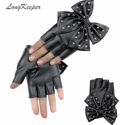 LongKeeper Womens Leather Gloves Black Fingerless Gloves PU Leather Big Bow Mittens Half finger Ladies Luvas Dancing SXJ81
