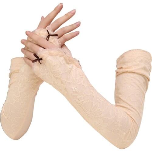 Women Ice Silk Modal Lace Flowers Driving Mitten Long Arm Warmers UV Sunscreen Fingerless Sport Cycling Sun Sleeve Glove I74