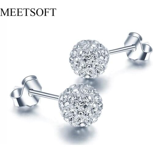 MEETSOFT Silver Plated Prevent Allergy Fashion Stud Earrings for Women Design Trendy Crystal Ball Shambhala White Jewelry Gift