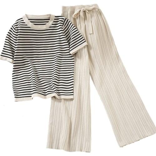 Knitted summer Autumn Office Lady 2 Piece Set Women Pants Elastic Waist Striped O-neck Tshirt Two Piece Set Pants
