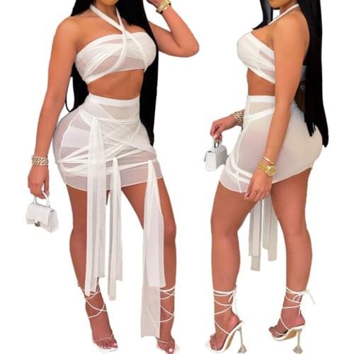 Women’s Sexy Tube Tops and Skirt Suit Fashion Solid Color See Through Halter Tops High Waist Bandage Tight Short Skirt Summer
