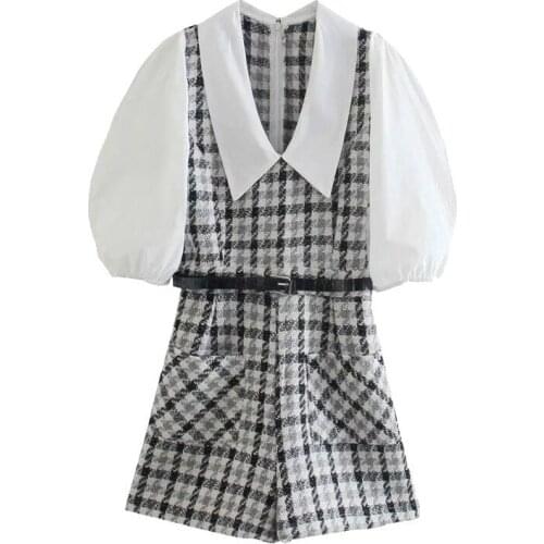 Women Fashion With Belt Patchwork Tweed Playsuits Vintage Puff Sleeve Back Zipper Female Jumpsuits Mujer