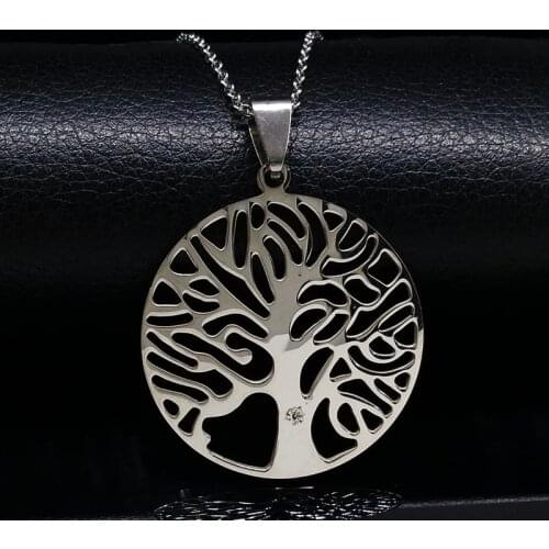 2021 Tree of Life Stainless Steel Chain Necklace Round Silver Color Big Pendant Necklace Jewelry Talisman N50S04