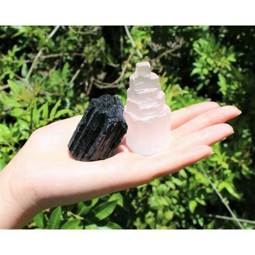 1pc Selenite Tower & 1 Extra Grade Black Tourmaline Home Protection Kit Reiki Healing