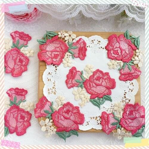 10Pcs/10X8cm Red Embroidered Flower Appliques Garment Accessories Patch DIY Scrapbook Card Craft Decoration