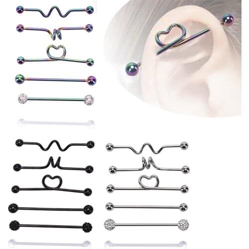 6Pcs/Set Stainless Steel Industrial Barbell Earrings Heart Arrow Rainbow Ear Cartilage Helix-Conch Piercing Jewelry