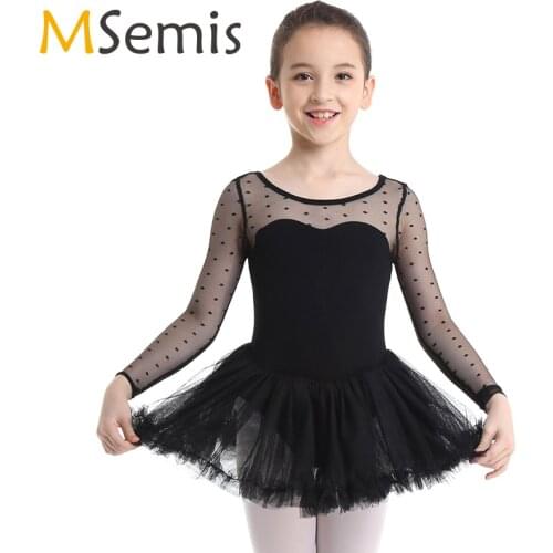 MSemis Girls Ballet Dress Gymnastics Leotard for Girls Cotton Polka Dots Mesh Long Sleeves Ballet Dance Ballerina Tutu Dress Kid