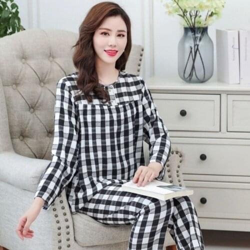 Large Size Cotton Pajamas Women Fashion Plaid Sleepwear Set Loose Lounge Wear Home Clothes New Spring Autumn Pyjama Female