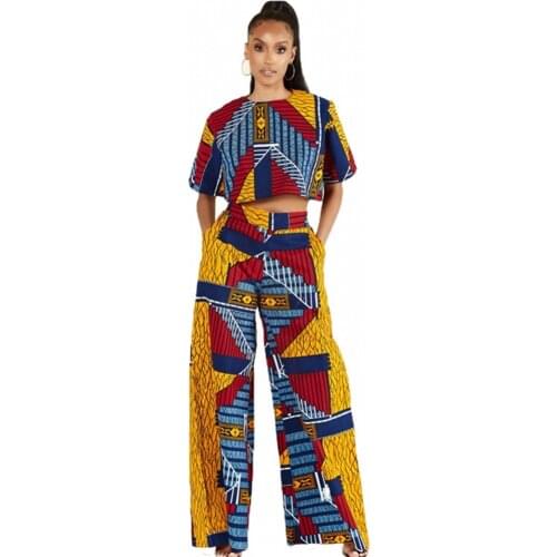 Two Piece Set Africa Clothes African New Dashiki Fashion Flower Print Suit Top Trousers Super Elastic Party For Women Outfits
